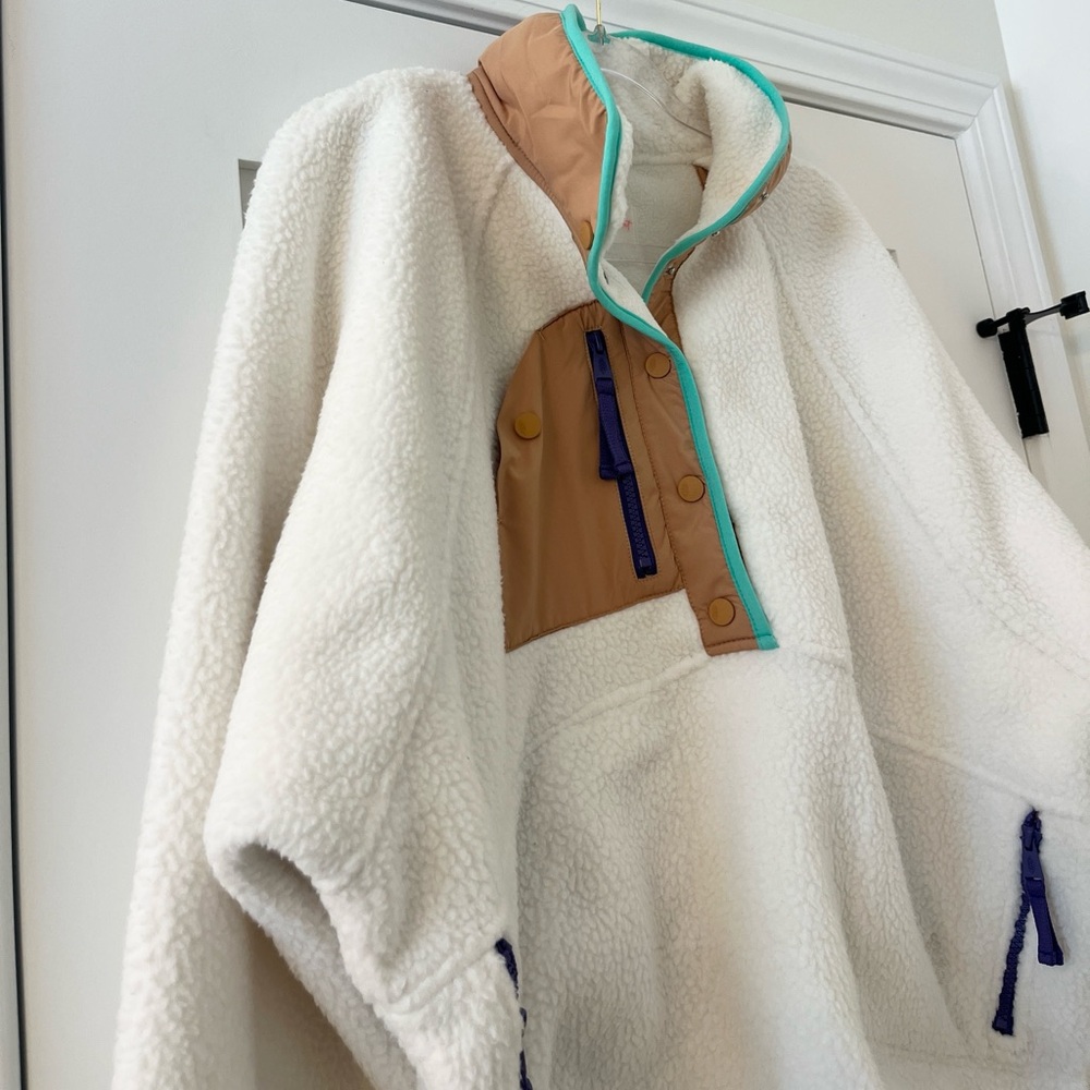 FP Movement by Free People Ivory Sherpa Pullover with Tan & Aqua Trim - Picture 5 of 8